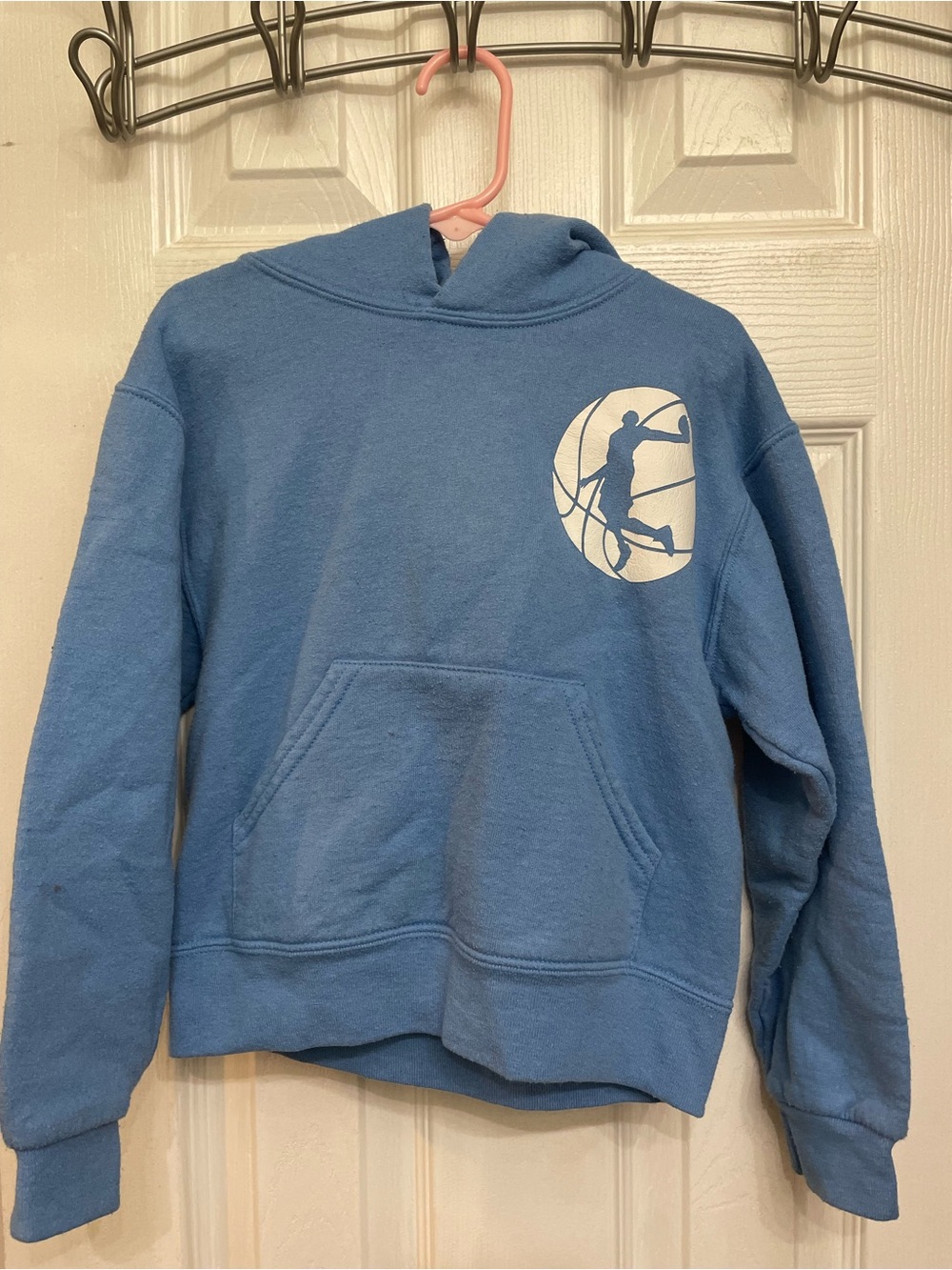 Jerzees Blue Kids Hoodie with White Basketball Graphic